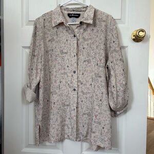 Sag Harbor Beige Button-Up Shirt with Red and Blue Mini Motif